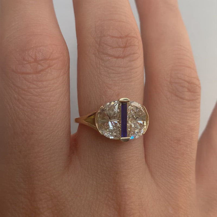 3.0CTW Light Yellow Half Moon Cut Diamond With Needle Baguette Lab Grown Ring