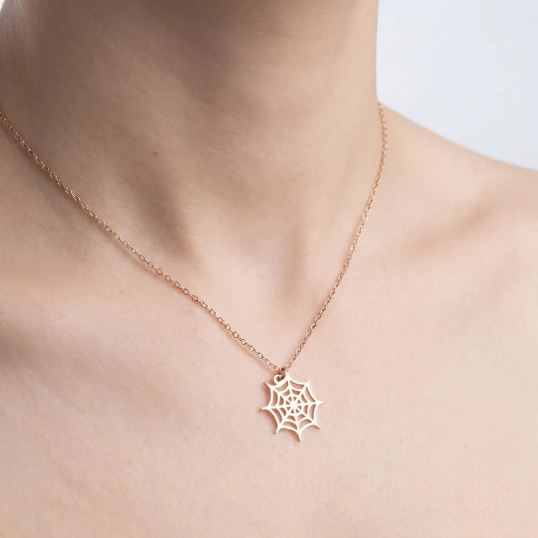 14K Spider Web Pendant Necklace for Women