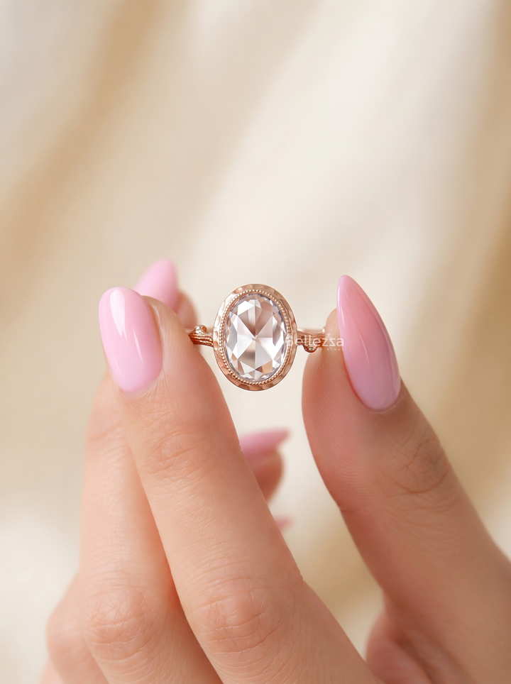 2.0CT Rose Cut Oval Lab Grown Diamond Nature Inspire Vintage Engagement Ring