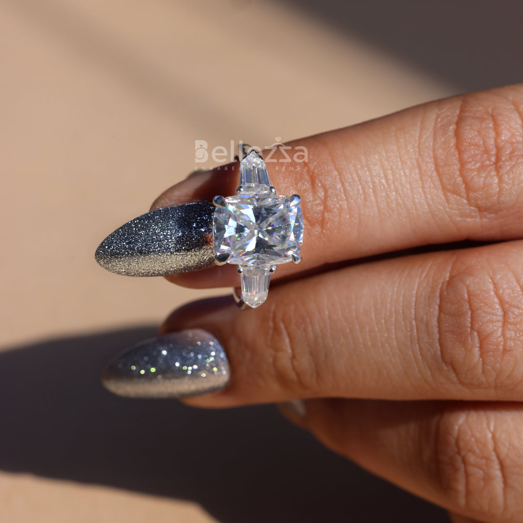 4.0CT Elongated Cushion Cut Three Stone Engagement Ring - Ready To Ship