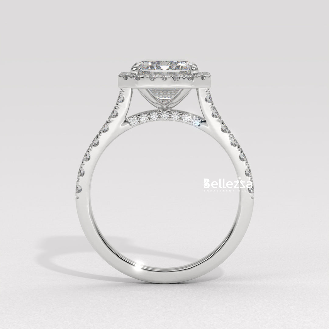 1.50-2.0CT Emerald Cut Halo Pave Setting CVD Diamond Engagement Ring