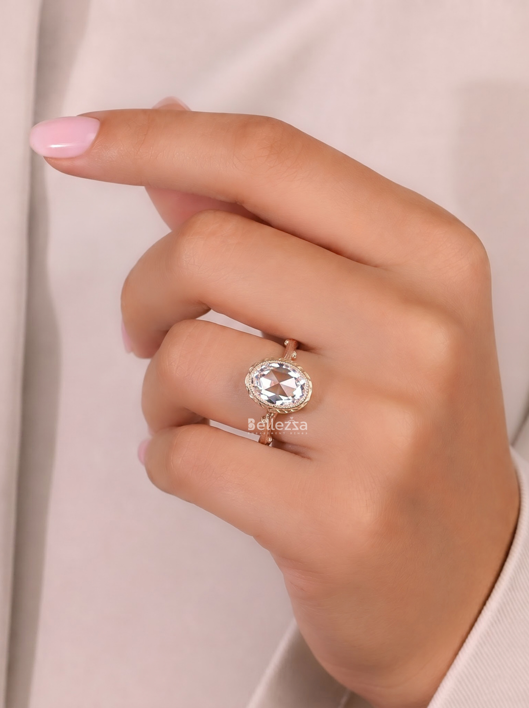 2.0CT Rose Cut Oval Lab Grown Diamond Nature Inspire Vintage Engagement Ring