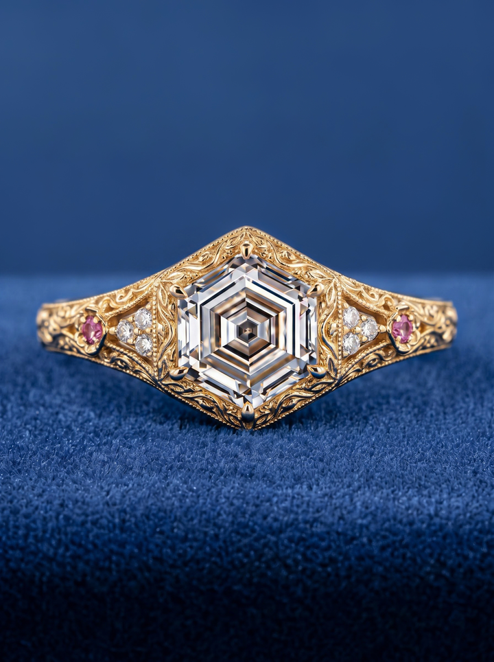 2.0CT Hexagon Art Deco Lab Grown Diamond Engagement Ring