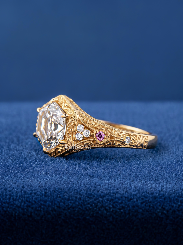 2.0CT Hexagon Art Deco Lab Grown Diamond Engagement Ring