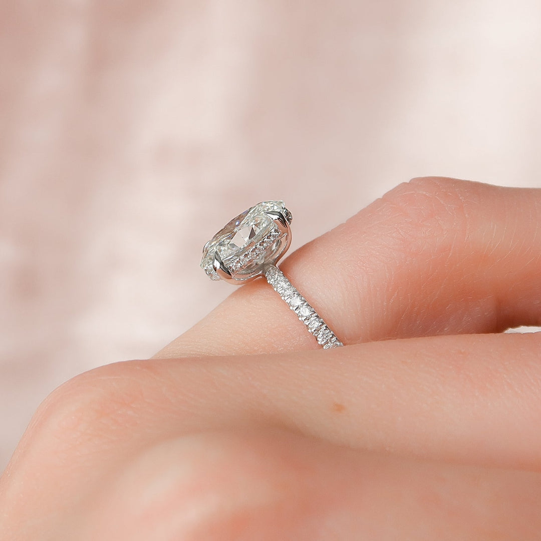 1.50-3.50 CT Oval  Lab Grown Diamond Hidden Halo Engagement Ring With Pave Setting