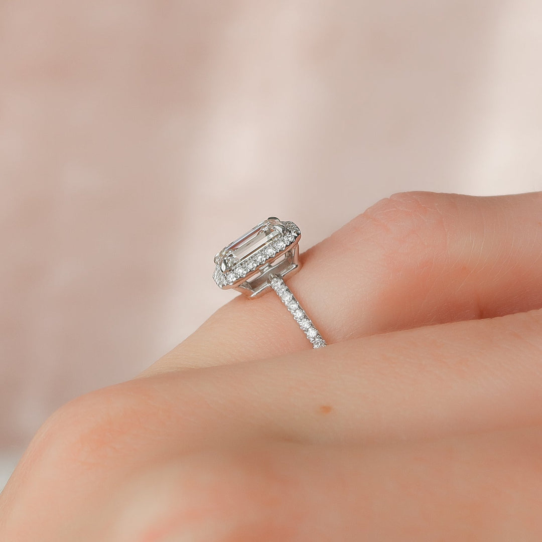 1.0 -3.0 CT Emerald  Lab Grown Diamond Halo Engagement Ring With Pave Setting