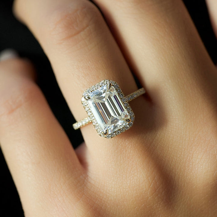 1.0 -3.0 CT Emerald  Lab Grown Diamond Halo Engagement Ring With Pave Setting
