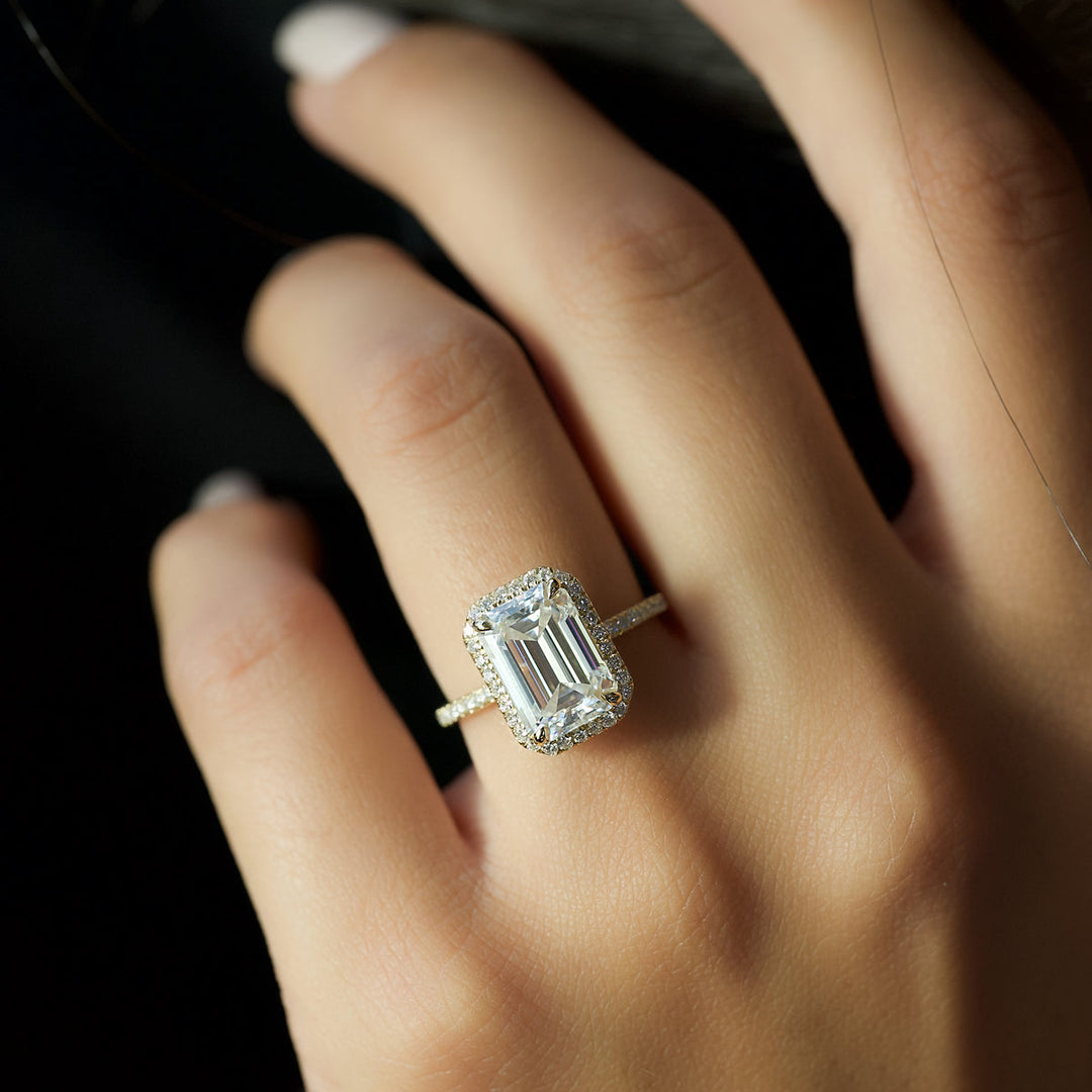 1.0 -3.0 CT Emerald  Lab Grown Diamond Halo Engagement Ring With Pave Setting