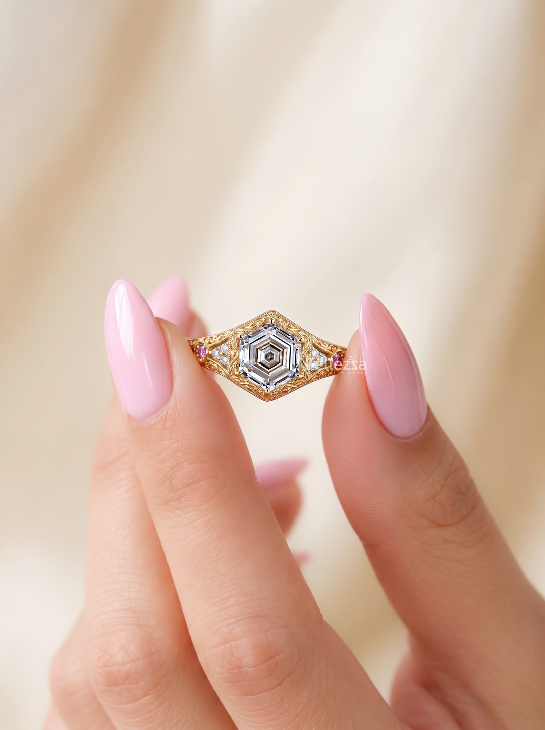 2.0CT Hexagon Art Deco Lab Grown Diamond Engagement Ring