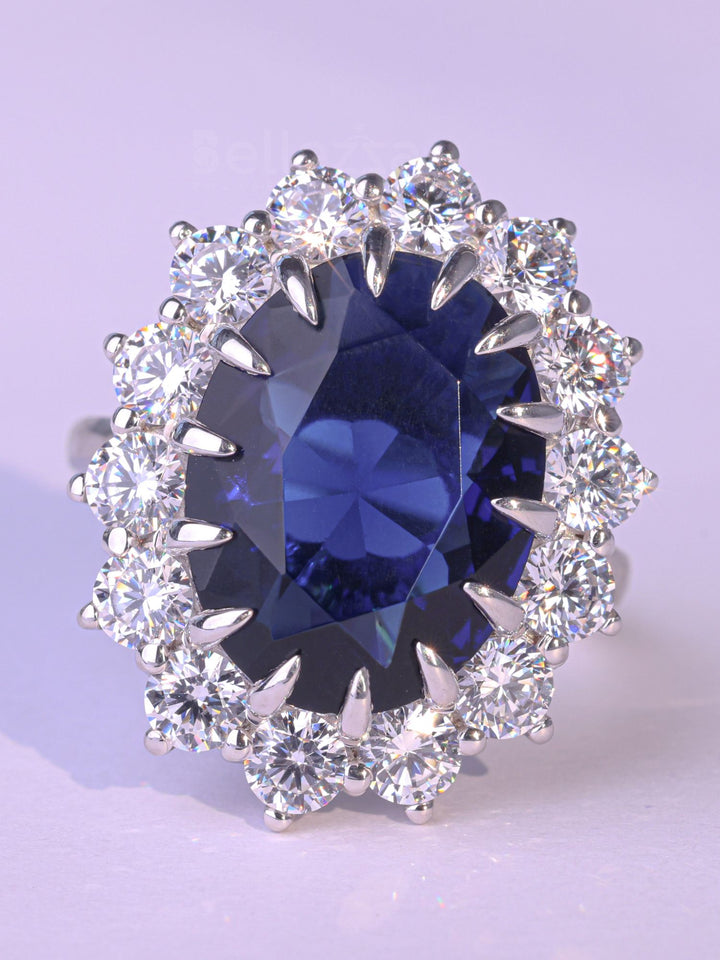 5.0CT Oval Cut Blue Sapphire Halo Moissanite Engagement Ring