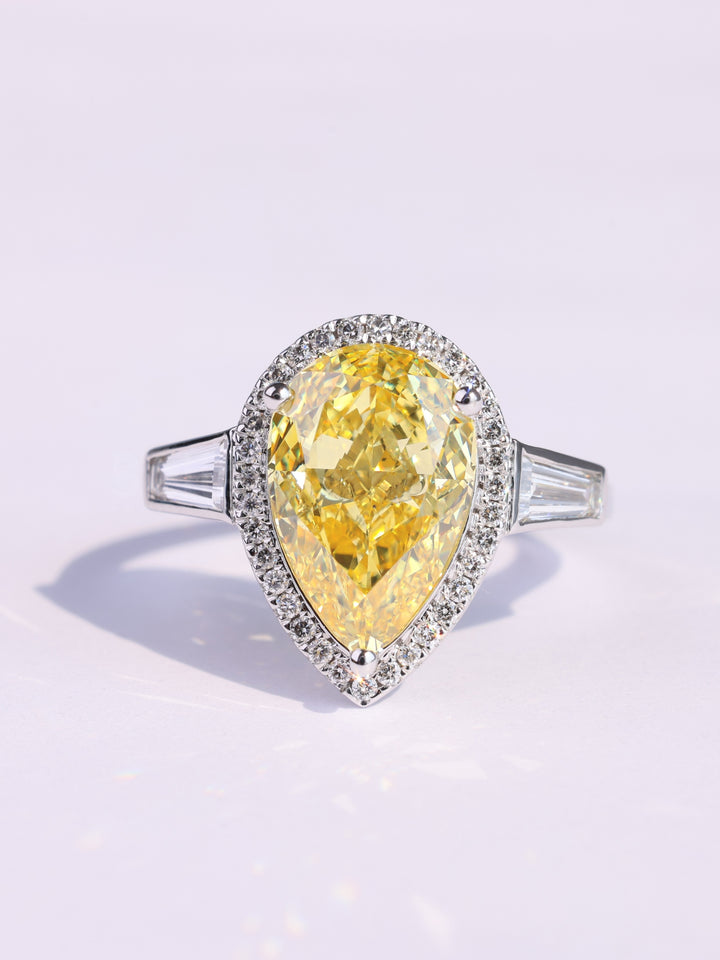 4.0CT Yellow Pear Cut Halo Set Three Stone Moissanite Engagement Ring