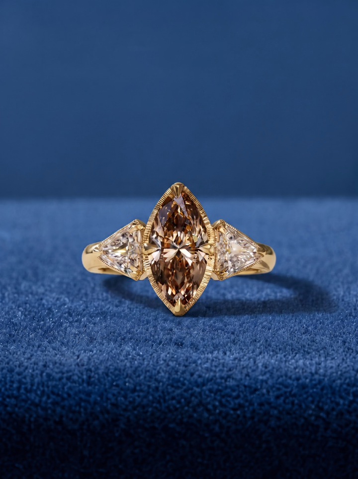 2.0CT Brown Marquise Lab Grown Diamond Three Stone Engagement Ring