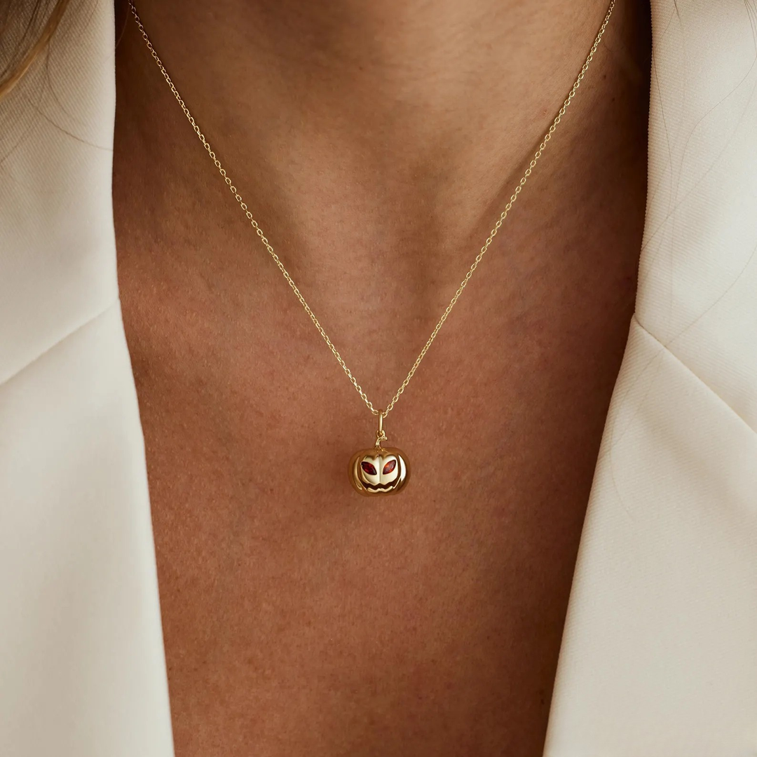 14K Gold Halloween Pumpkin Face Necklace