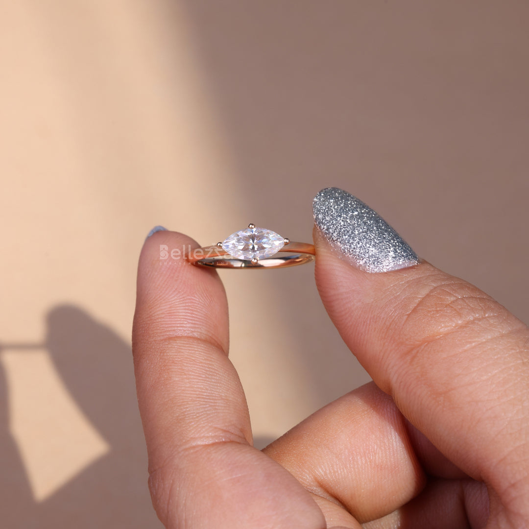 1.0CT East West Marquise Cut Solitaire Moissanite Engagement Ring - Ready to Ship