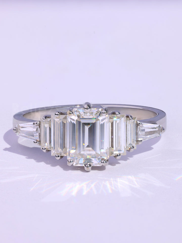 Emerald Cut Cluster Diamond Moissanite Engagement Ring