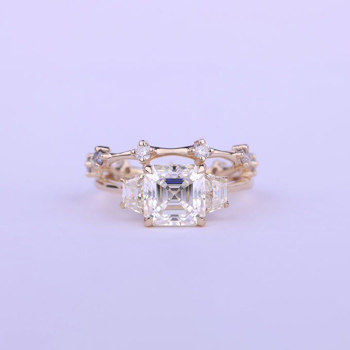 1.0CT Asscher Cut Three Stone Moissanite Bridal Ring Set