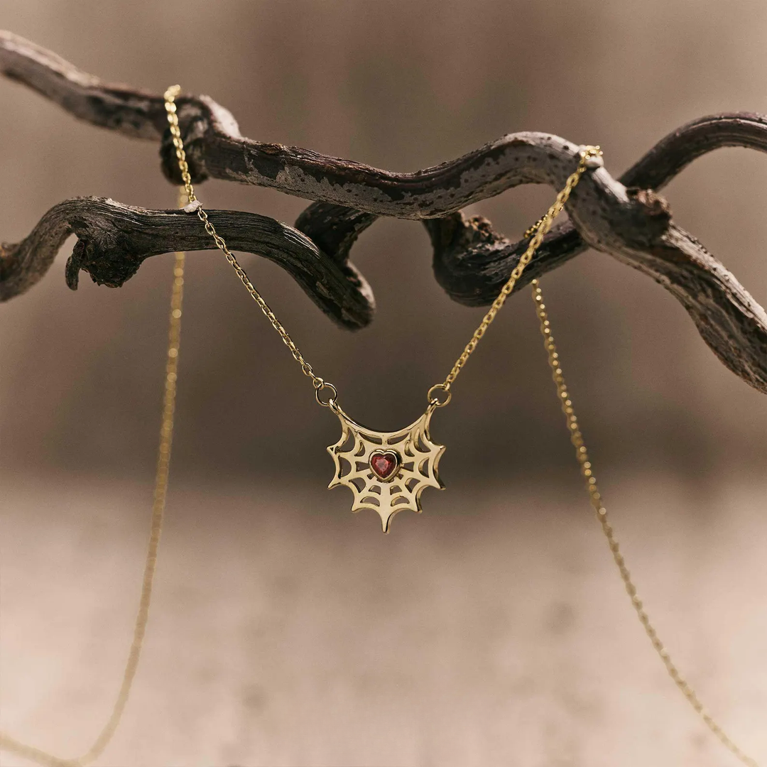 14K Spider Web Heart Pendant Necklace for Women