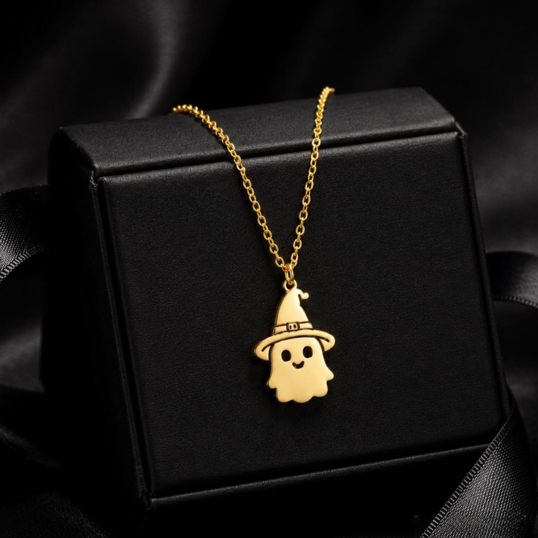 14K Dainty Gold Ghost Witch Necklace for Halloween