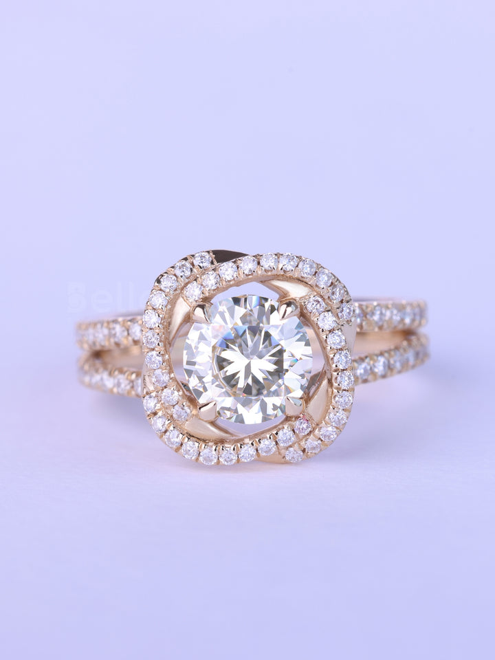 1.0CT Round Cut Floral Halo Moissanite Engagement Ring