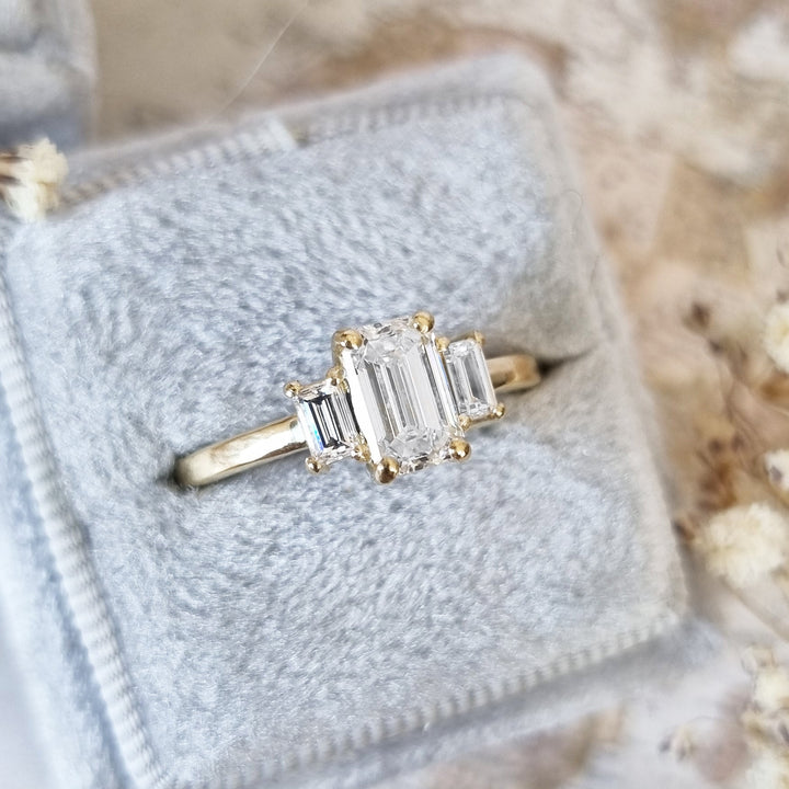 1.10 CT-3.10 CT Emerald Three Stone Lab Grown Diamond Engagement Ring