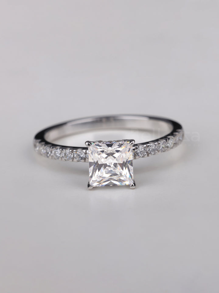 1.0CT Princess Cut Diamond Pave Setting Moissanite Engagement Ring