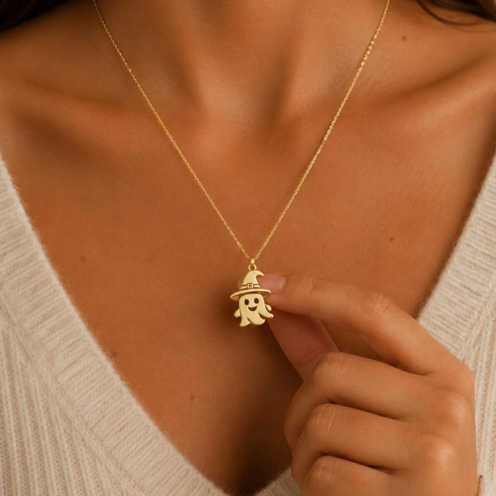 14K Dainty Gold Ghost Witch Necklace for Halloween