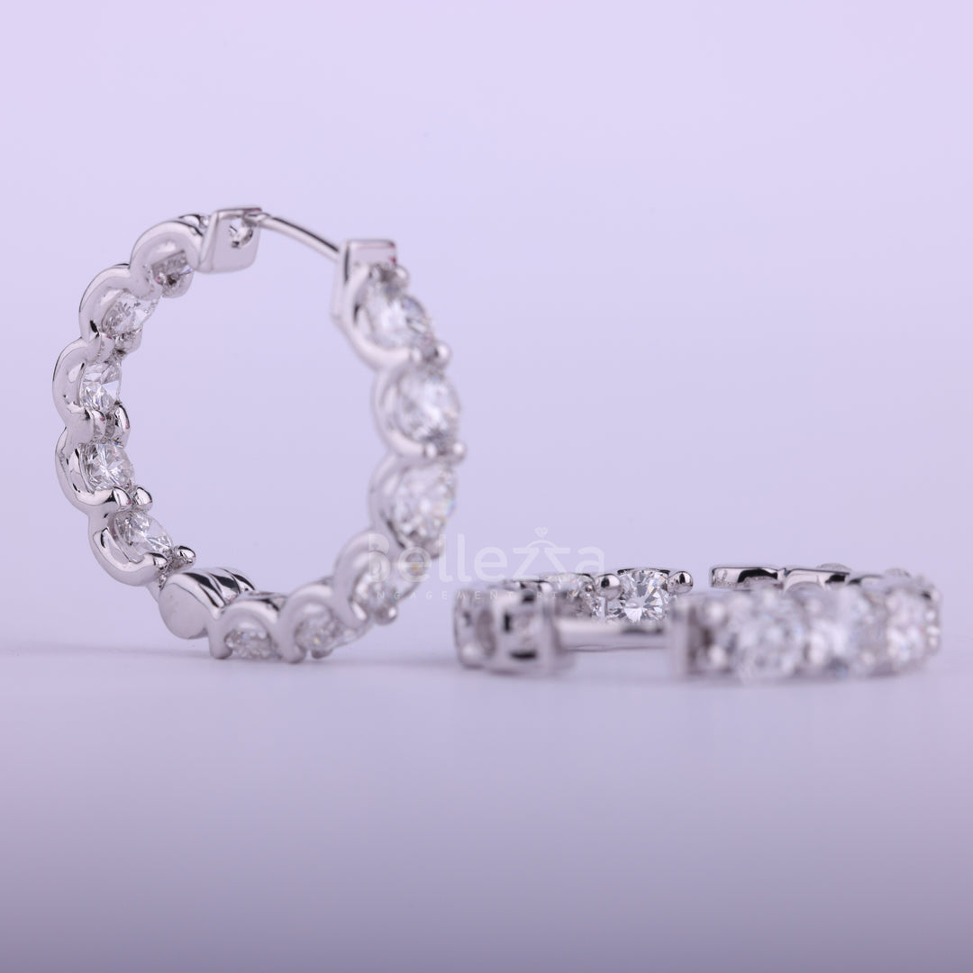 Round Cut Inside-Outside Diamond Moissanite Hoop Earrings