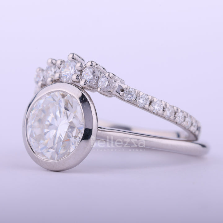 1.50CT ROund Cut Bezel Setting Curved Moissanite Bridal Ring Set