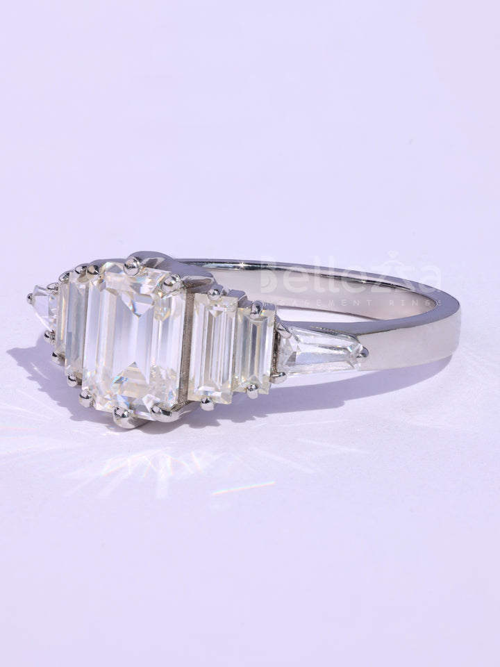 Emerald Cut Cluster Diamond Moissanite Engagement Ring