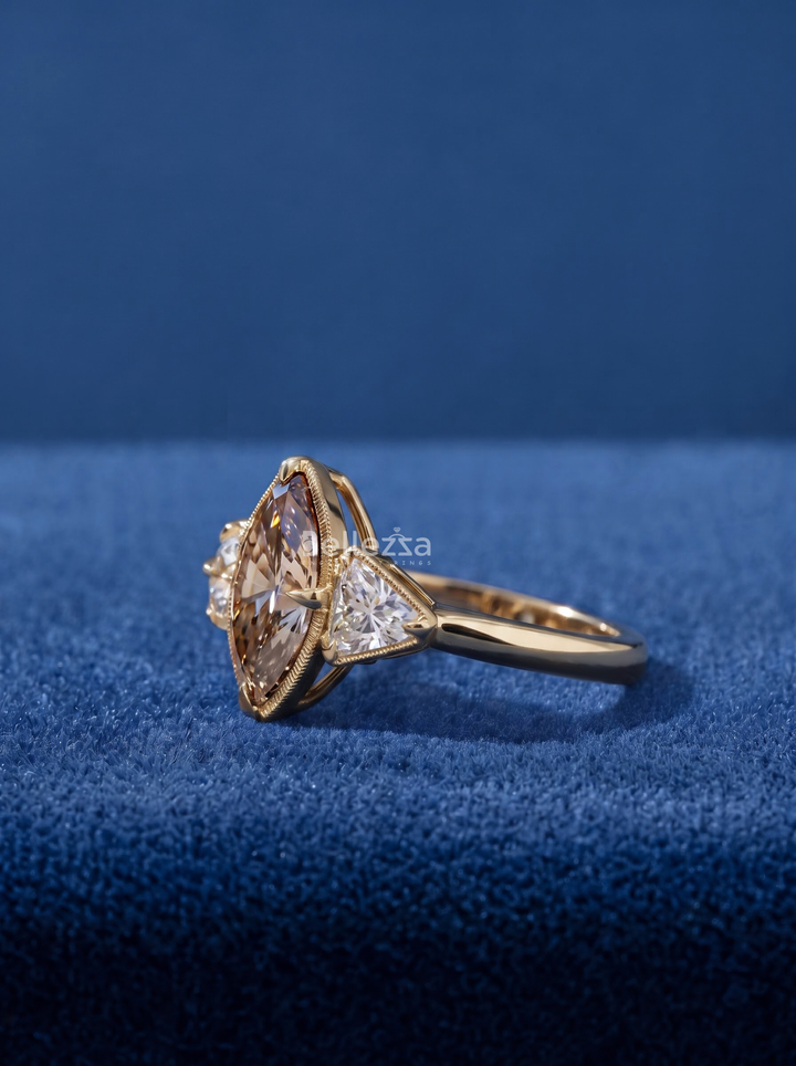 2.0CT Brown Marquise Lab Grown Diamond Three Stone Engagement Ring
