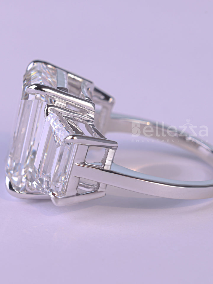 3.0CT Emerald Cut Three Stone Moissanite Engagement Ring