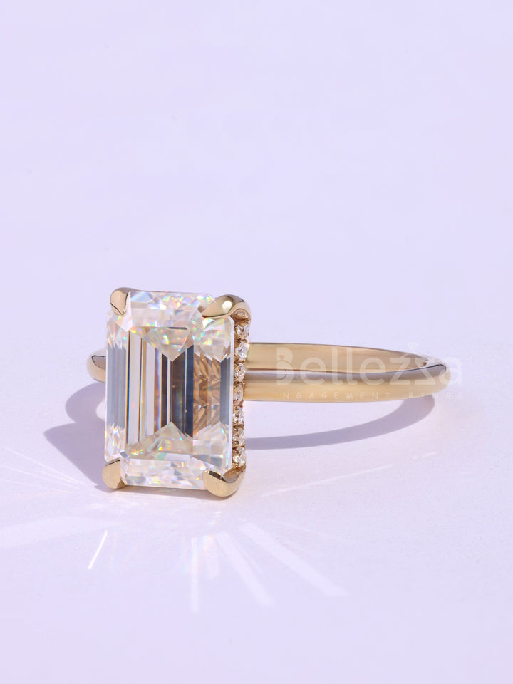 1.0CT Emerald Cut Hidden Halo Moissanie Timeless Engagement Ring