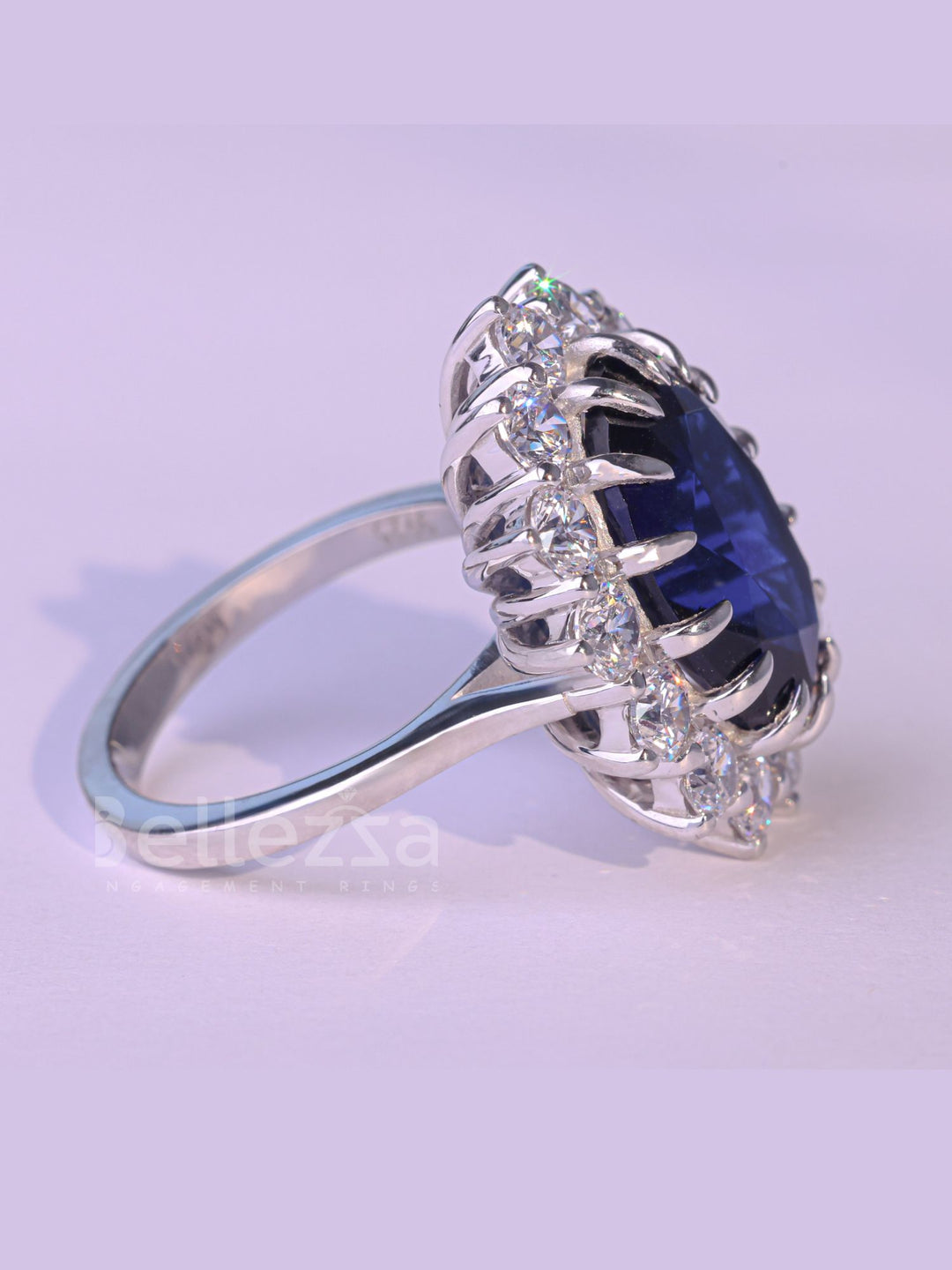 5.0CT Oval Cut Blue Sapphire Halo Moissanite Engagement Ring