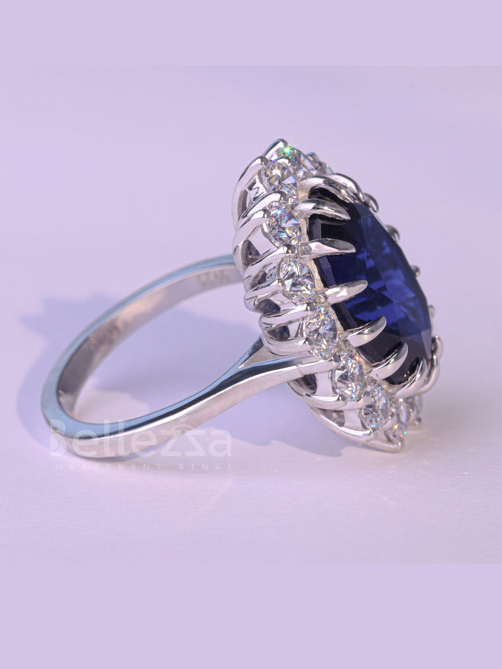 5.0CT Oval Cut Blue Sapphire Halo Moissanite Engagement Ring