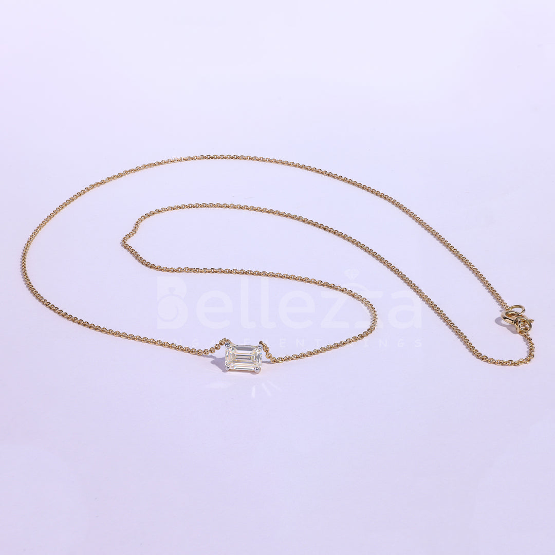 East West Emerald Diamond Moissanite Solitaire Necklace - Ready to Ship