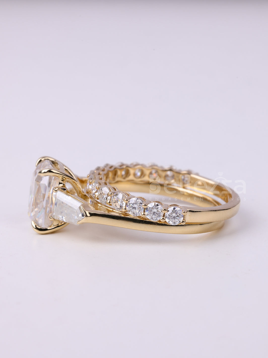 1.50CT Elongated Cushion Cut Three Stone Moissanite Bridal Ring Set