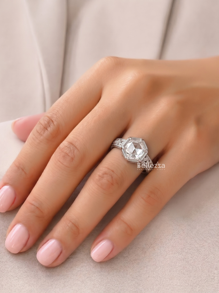 1.50 CT Vintage Rose Cut Round Lab Grown Diamond Unique Engagement Ring