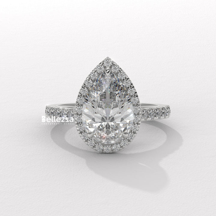 1.50-2.50CT Pear Cut CVD Diamond Halo Pave Setting Engagement Ring