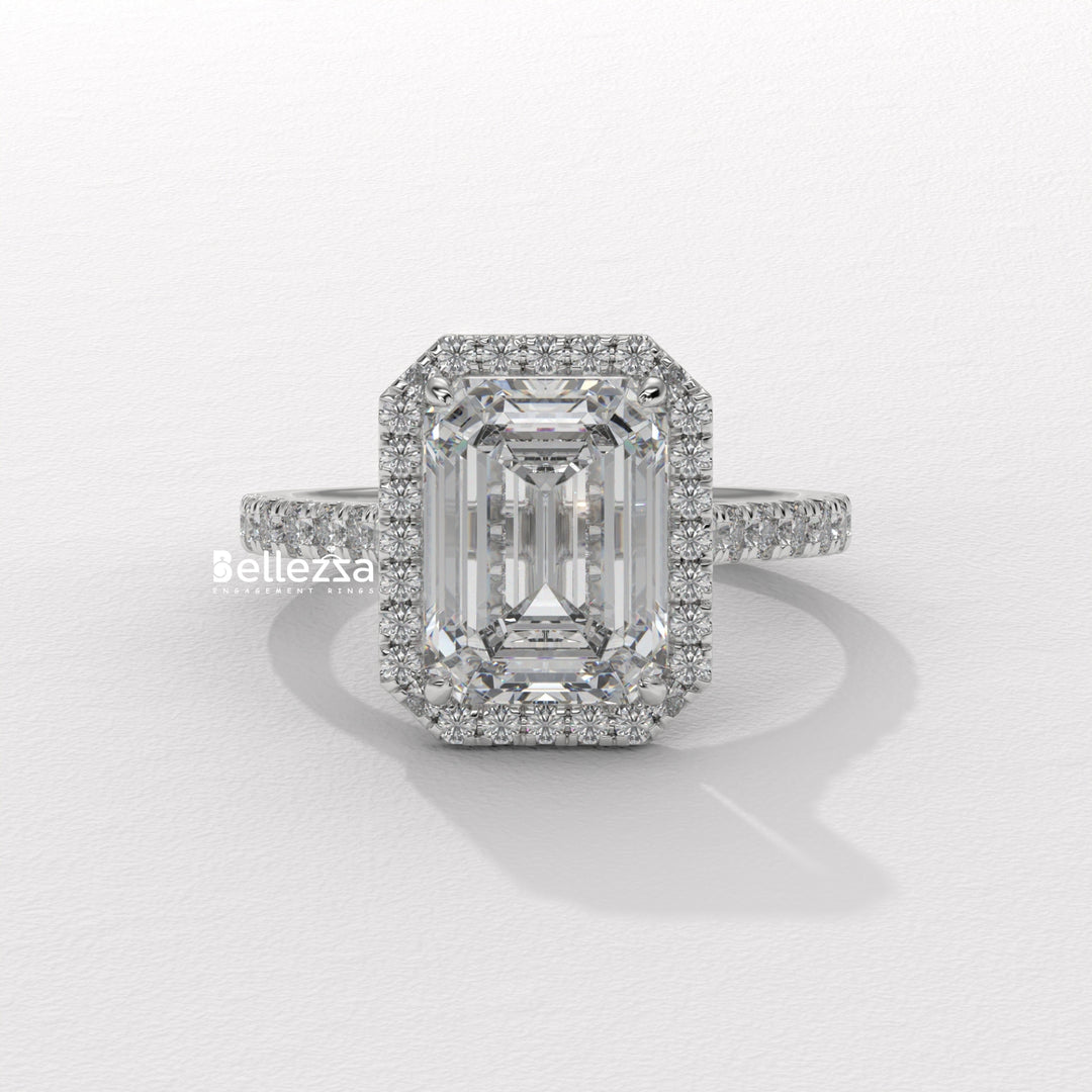1.50-2.0CT Emerald Cut Halo Pave Setting CVD Diamond Engagement Ring