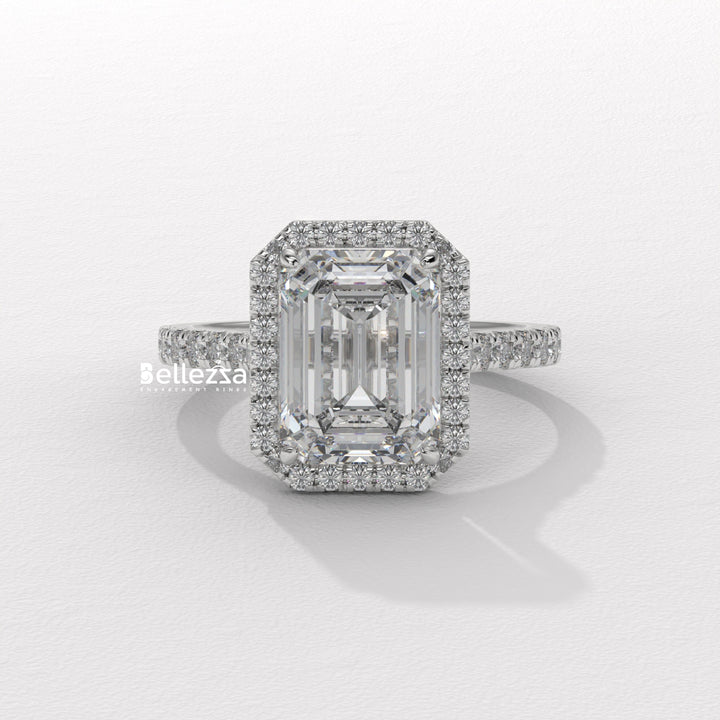 1.50-2.0CT Emerald Cut Halo Pave Setting CVD Diamond Engagement Ring