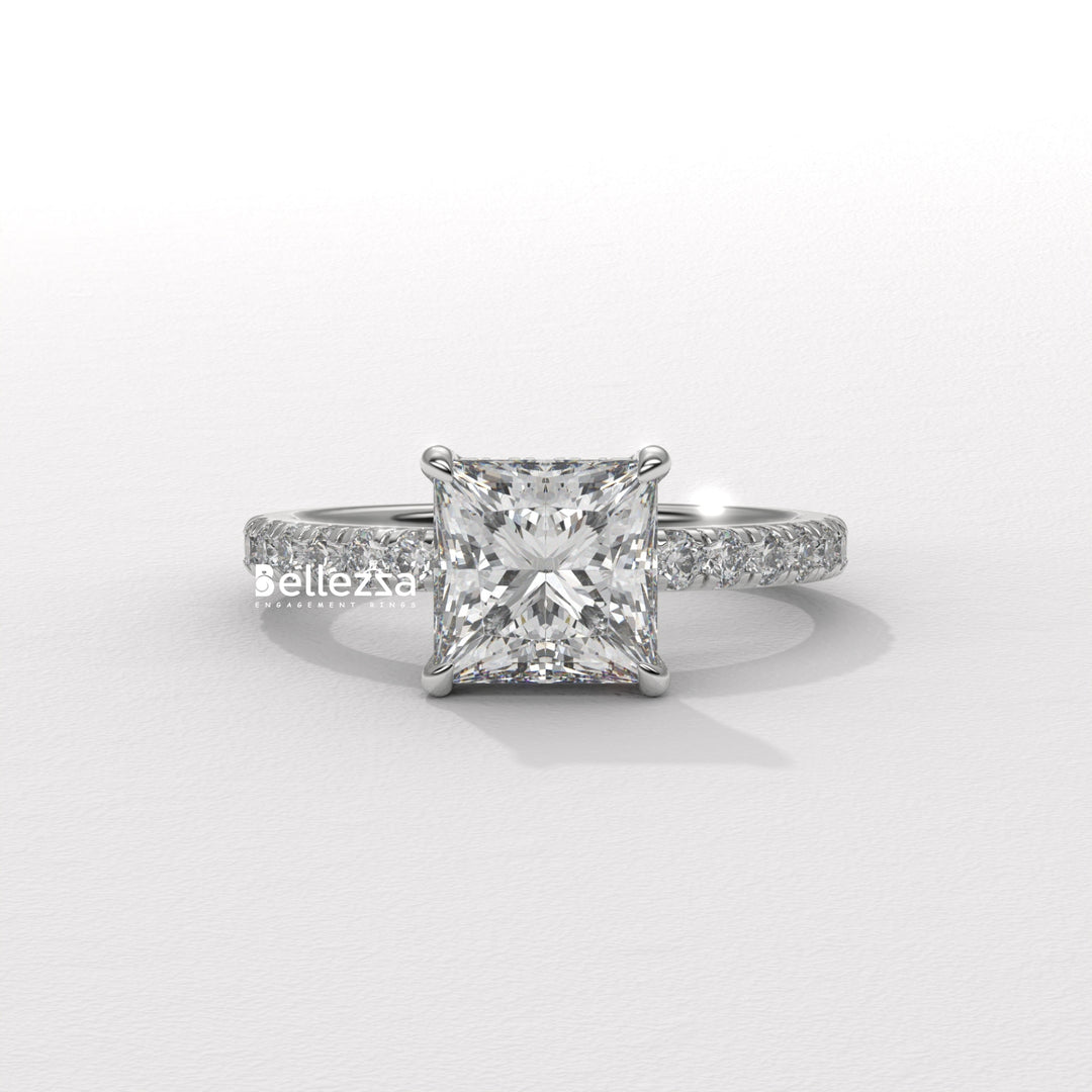 1.0-2.0CT Princess Cut Lab Grown Diamond Pave Setting Engagement Ring