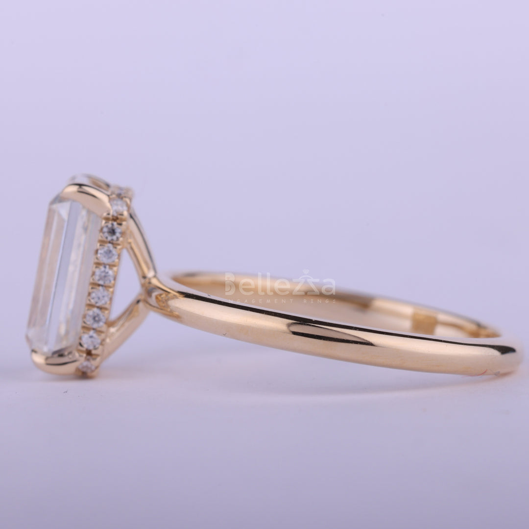 2.0CT Elongated Emerald Cut Hidden Halo Engagement Ring