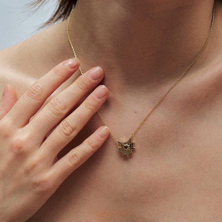14K Spider Web Heart Pendant Necklace for Women