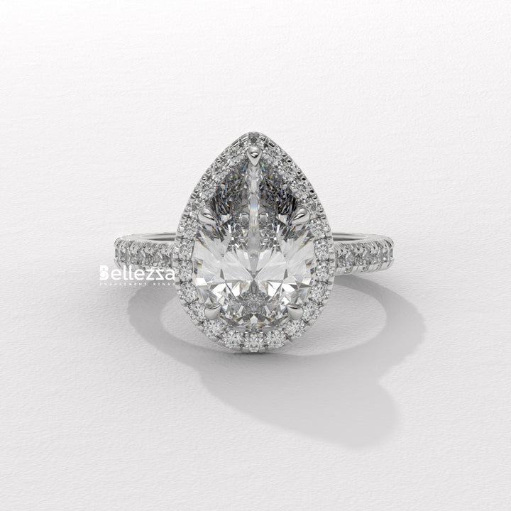 1.50-2.50CT Pear Cut CVD Diamond Halo Pave Setting Engagement Ring