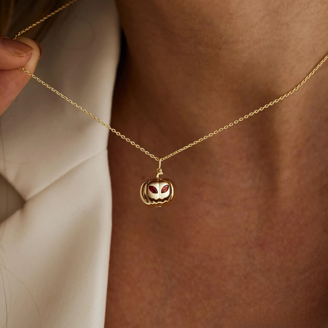 14K Gold Halloween Pumpkin Face Necklace