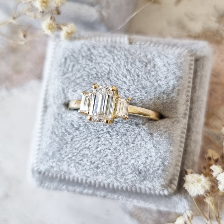 1.10 CT-3.10 CT Emerald Three Stone Lab Grown Diamond Engagement Ring