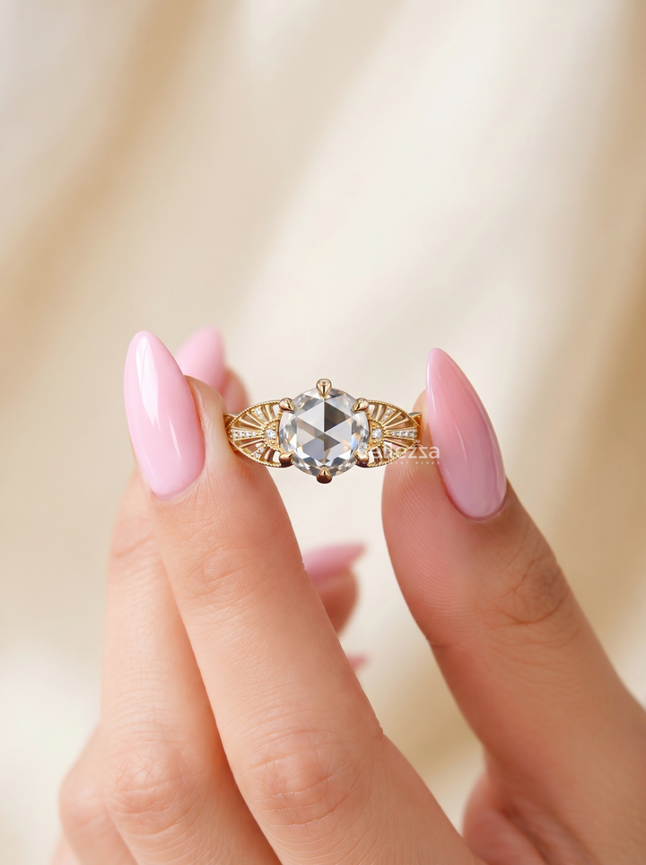 1.50CT Vintage Rose Cut Round Lab Grown Diamond Engagement ring