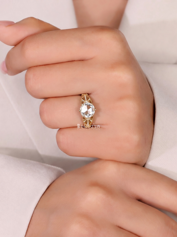 1.50CT Vintage Rose Cut Round Lab Grown Diamond Engagement ring