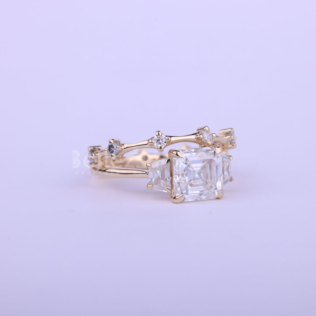 1.0CT Asscher Cut Three Stone Moissanite Bridal Ring Set