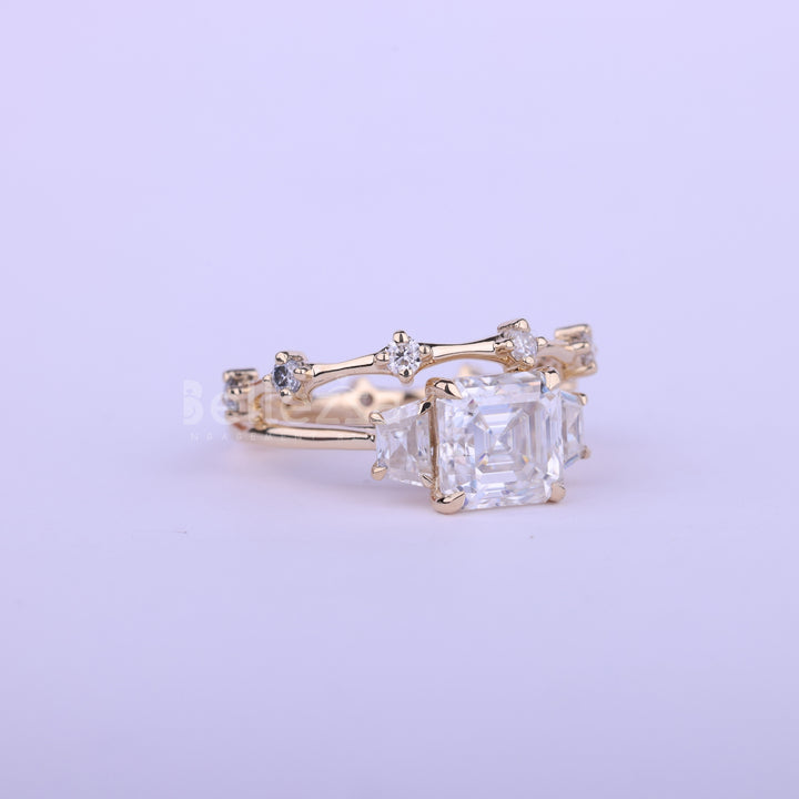 1.0CT Asscher Cut Three Stone Moissanite Bridal Ring Set